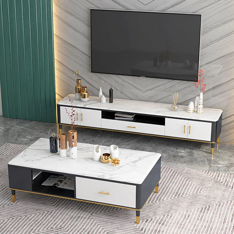 Soporte para TV estilo Glam, consola para TV con almacenamiento abierto, color blanco piedra, con estantes Clearhalo