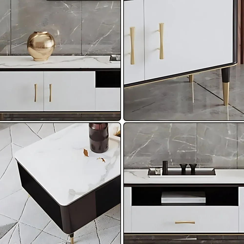 Soporte para TV estilo Glam, consola para TV con almacenamiento abierto de piedra y 2 puertas Clearhalo