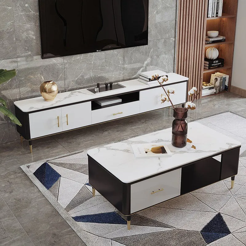 Soporte para TV estilo Glam, consola para TV con almacenamiento abierto de piedra y 2 puertas Clearhalo