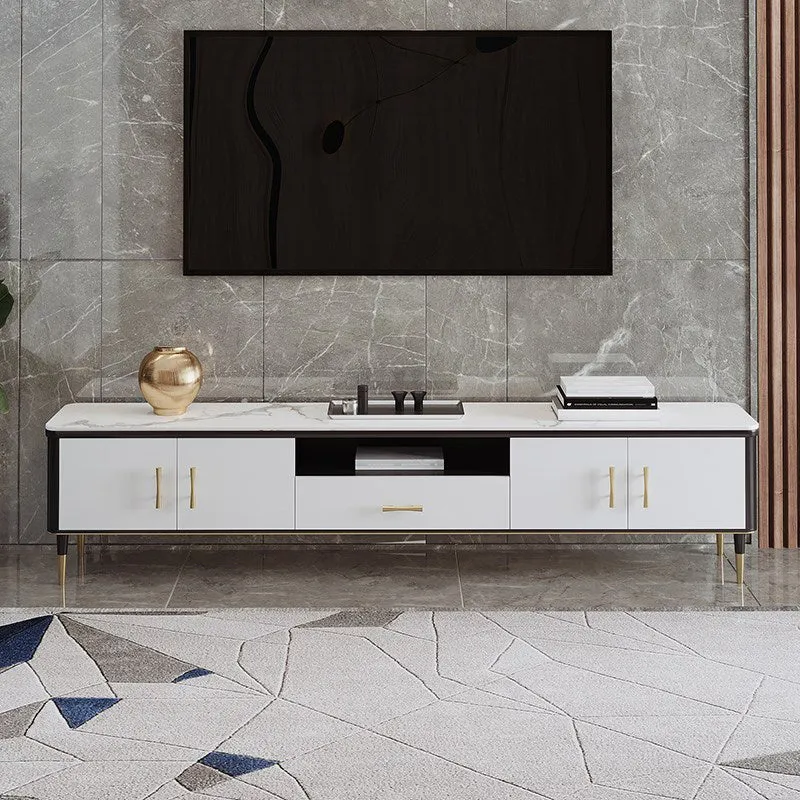 Soporte para TV estilo Glam, consola para TV con almacenamiento abierto de piedra y 2 puertas Clearhalo
