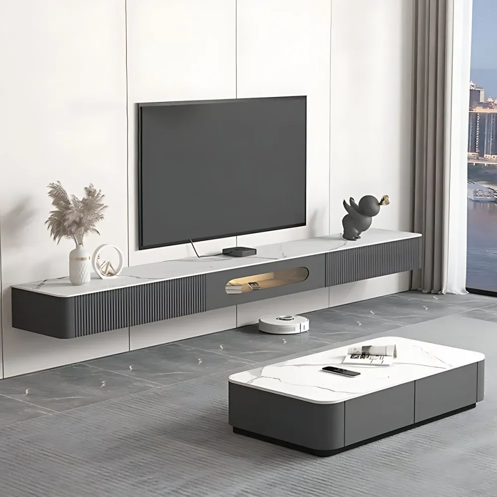 Soporte para TV de estilo moderno Consola de TV con almacenamiento cerrado montada en la pared Clearhalo