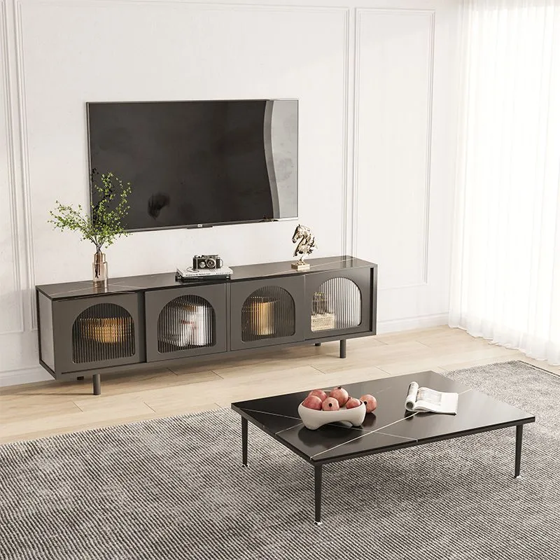 Soporte para TV de estilo moderno Consola de TV con almacenamiento cerrado de piedra con 4 puertas Blanco Clearhalo