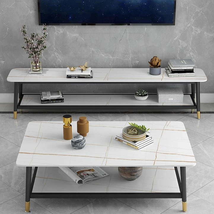 Soporte para TV Glam Style Stone, 2 estantes, almacenamiento abierto, consola para TV Negro Clearhalo