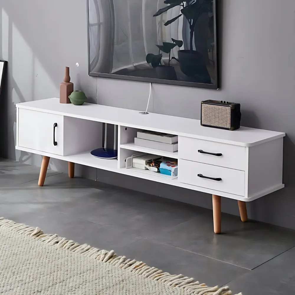 Soporte para TV de madera maciza y consola multimedia, consola de TV con almacenamiento abierto y cajones Gris Clearhalo
