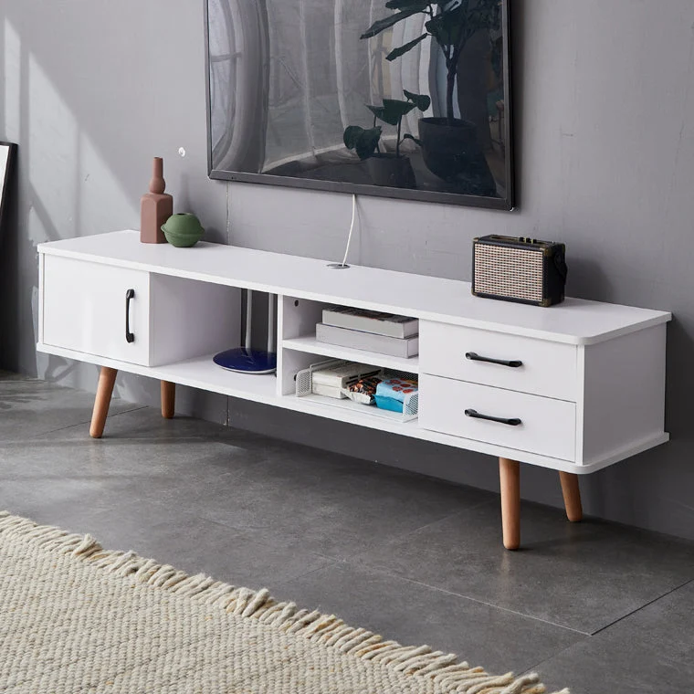 Soporte para TV de madera maciza y consola multimedia, consola de TV con almacenamiento abierto y cajones Gris Clearhalo