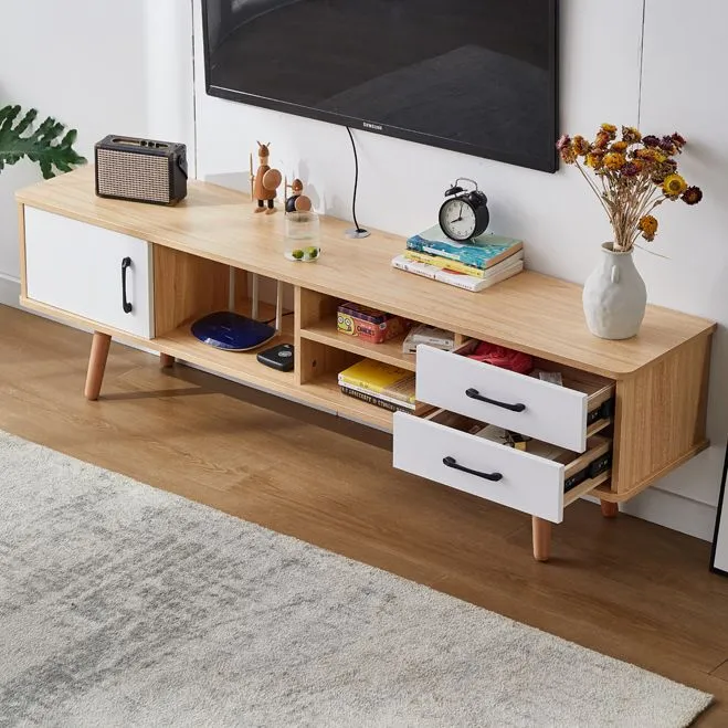Soporte para TV de madera maciza y consola multimedia, consola de TV con almacenamiento abierto y cajones Gris Clearhalo