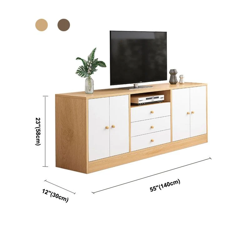 Soporte para TV de madera moderno de 12" D, consola con almacenamiento abierto, soporte para TV con cajones y puertas Caqu...