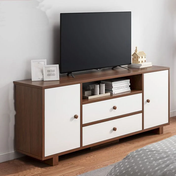 Soporte para TV de madera moderno de 12" D, consola con almacenamiento abierto, soporte para TV con cajones y puertas Caqu...