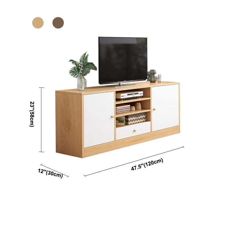 Soporte para TV de madera moderno de 12" D, consola con almacenamiento abierto, soporte para TV con cajones y puertas Caqu...