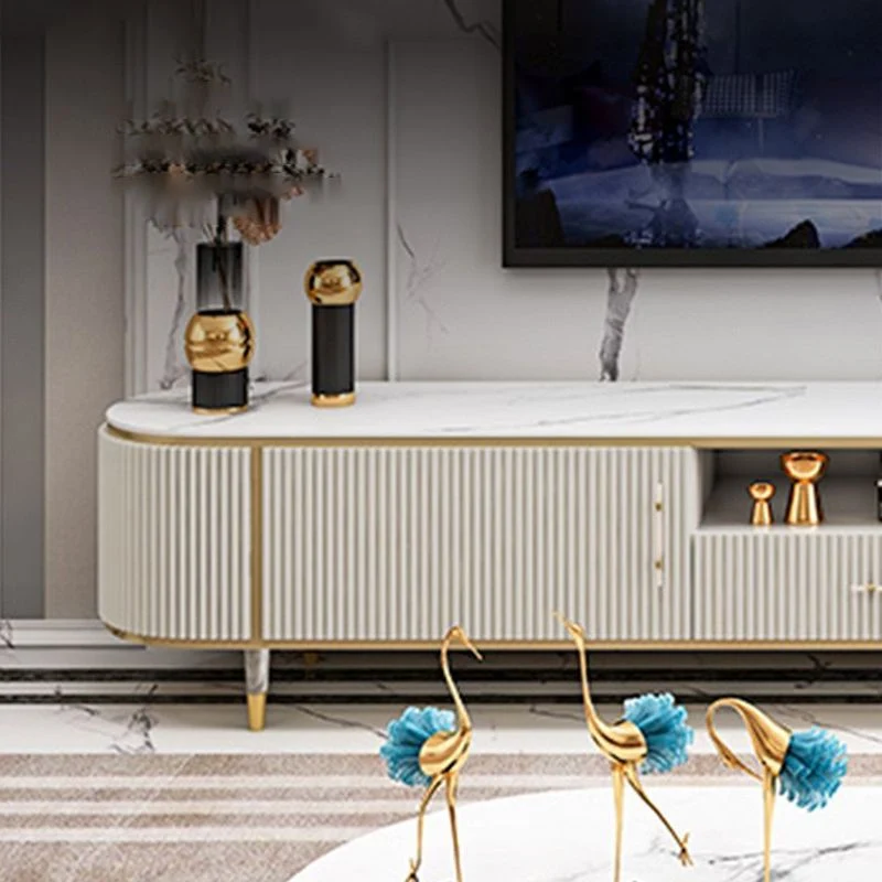 Soporte para TV de piedra estilo Glam, consola con almacenamiento abierto para TV con 2 puertas Clearhalo