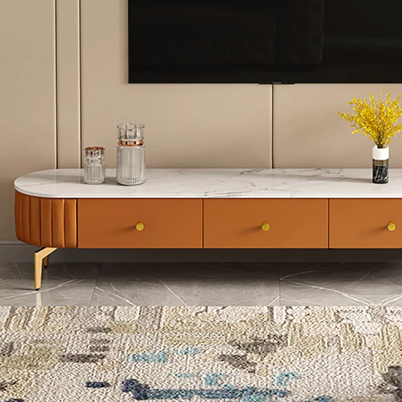 Soporte de TV de piedra de estilo escandinavo, consola de TV con almacenamiento cerrado y 3 cajones Naranja Clearhalo