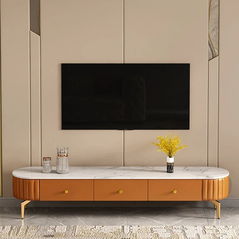 Soporte de TV de piedra de estilo escandinavo, consola de TV con almacenamiento cerrado y 3 cajones Naranja Clearhalo