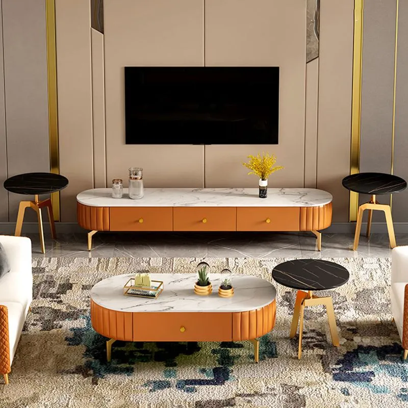 Soporte de TV de piedra de estilo escandinavo, consola de TV con almacenamiento cerrado y 3 cajones Naranja Clearhalo