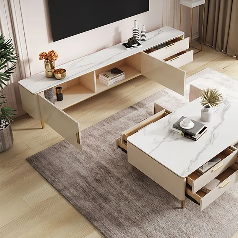 Stone Enclosed Storage TV Stand Glam Style TV Cabinet 2 Drawers Beige Clearhalo