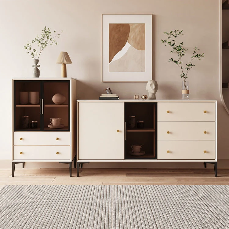 Tablero lateral de piedra con puertas de vidrio Glam Credenza con gabinetes y cajones Beige Clearhalo