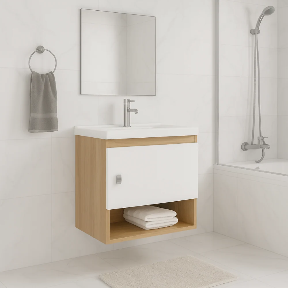 Mueble de baño con lavamanos Linz, Almendra/Blanco, con dos compartimientos. Marketplace - 2020