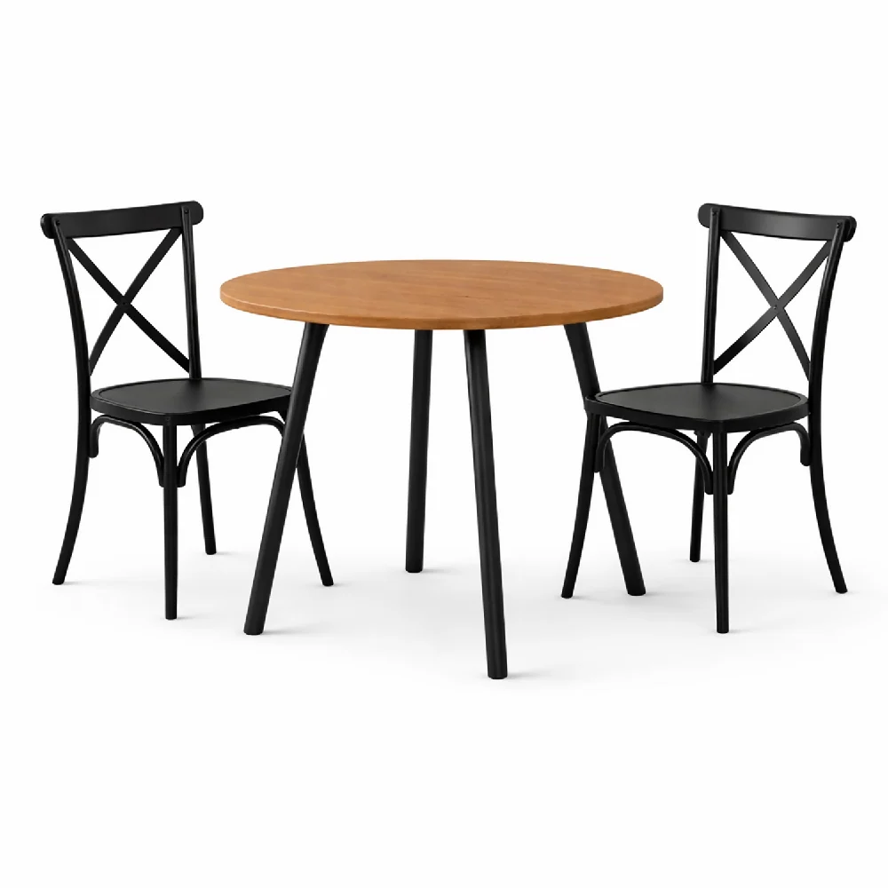 Comedor Redondo 74.5x80x80cm Amaretto + 2 Sillas Ibiza Negras Marketplace - DKO