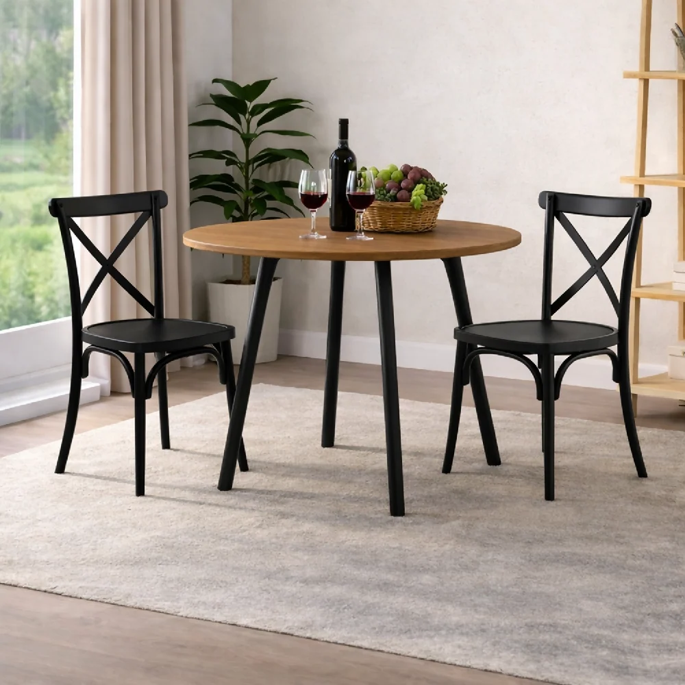 Comedor Redondo 74.5x80x80cm Amaretto + 2 Sillas Ibiza Negras Marketplace - DKO