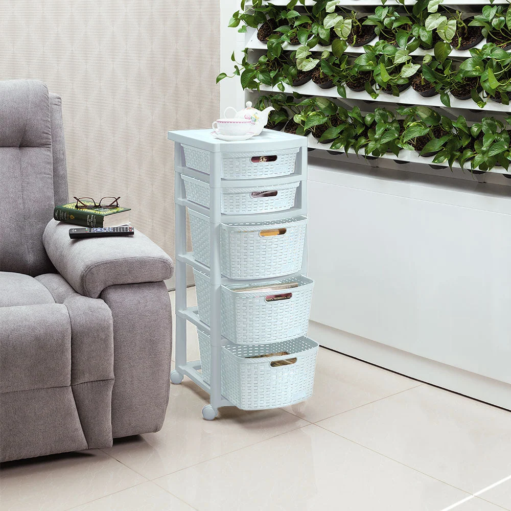 Cajonero Apariencia Rattan 2 Gavetas Bajas + 3 Gavetas Altas Blanco Nieve Rimax
