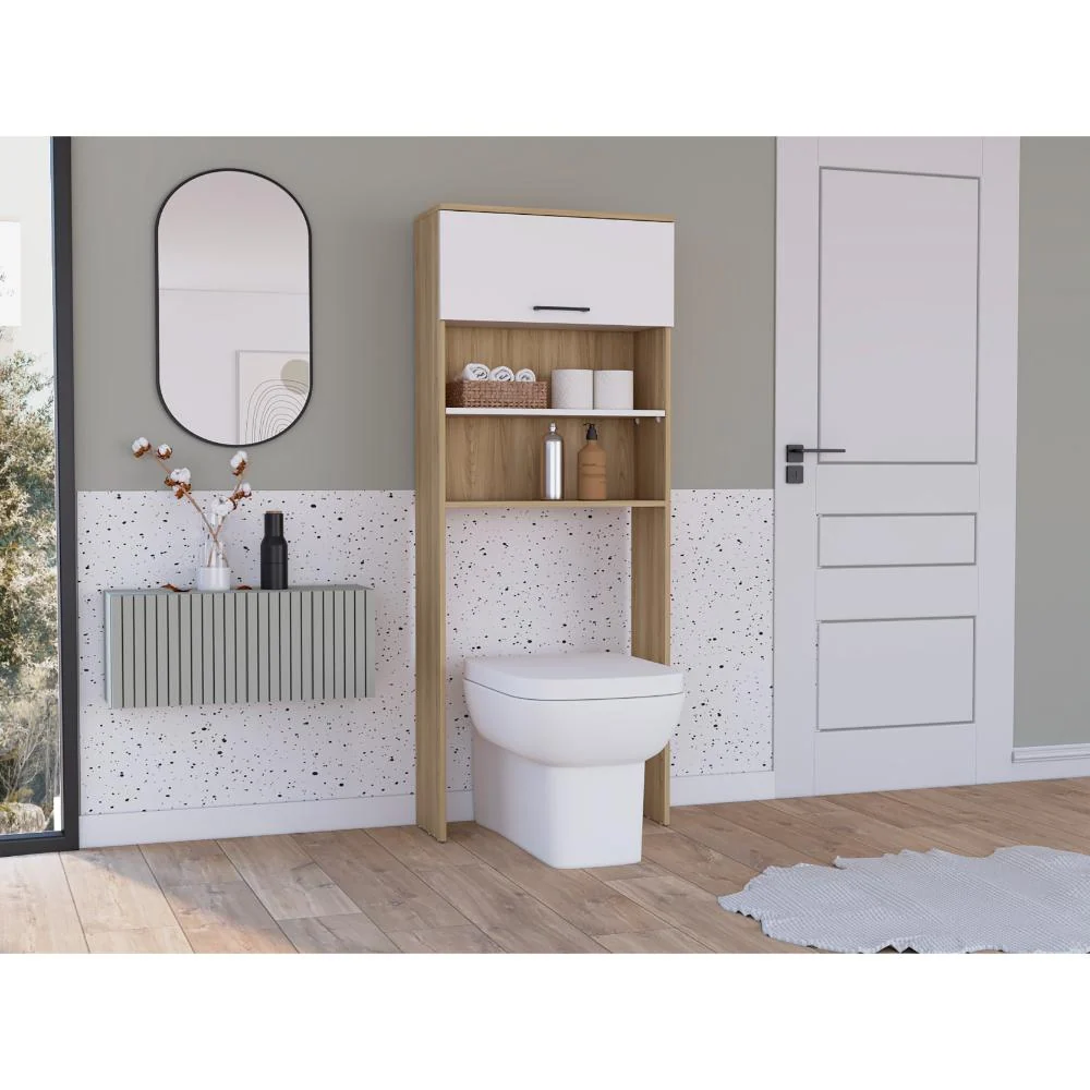 Ahorrador de Espacio para Baño Kesinton, Fresno Europeo y Blanco, con una puerta abatible RTA Design