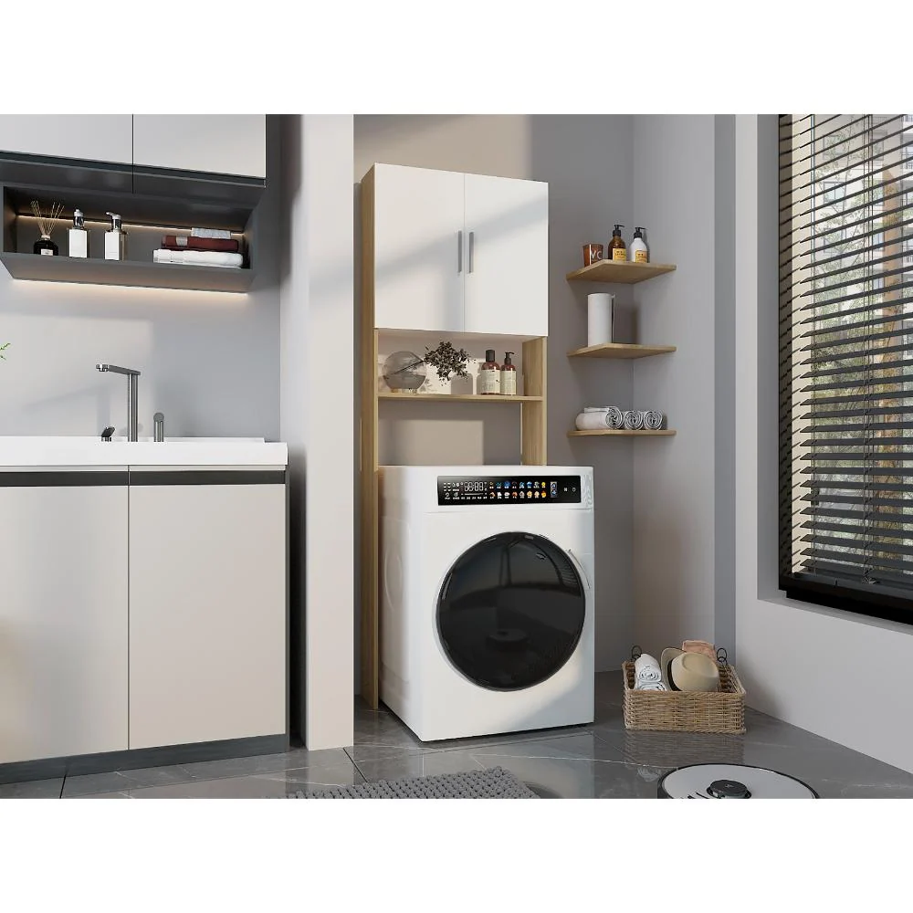 Ahorrador de Espacio para Lavadora Spencer, Blanco Duqueza y Fresno, con dos puertas y tres entrepaños RTA Design