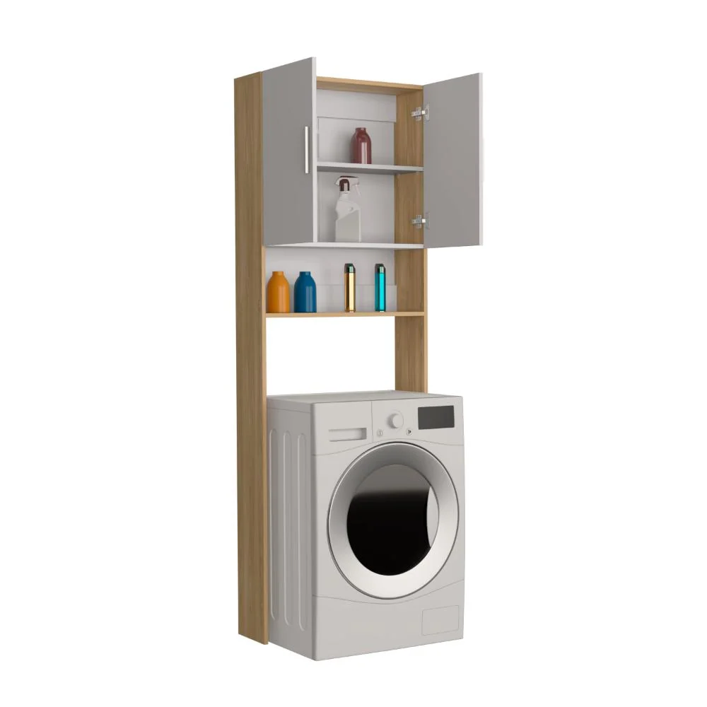 Ahorrador de Espacio para Lavadora Spencer, Blanco Duqueza y Fresno, con dos puertas y tres entrepaños RTA Design