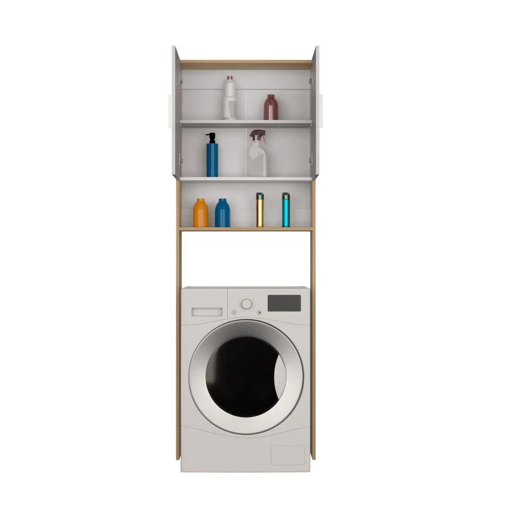 Ahorrador de Espacio para Lavadora Spencer, Blanco Duqueza y Fresno, con dos puertas y tres entrepaños RTA Design