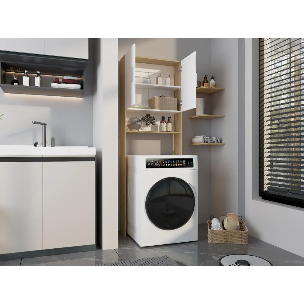 Ahorrador de Espacio para Lavadora Spencer, Blanco Duqueza y Fresno, con dos puertas y tres entrepaños RTA Design