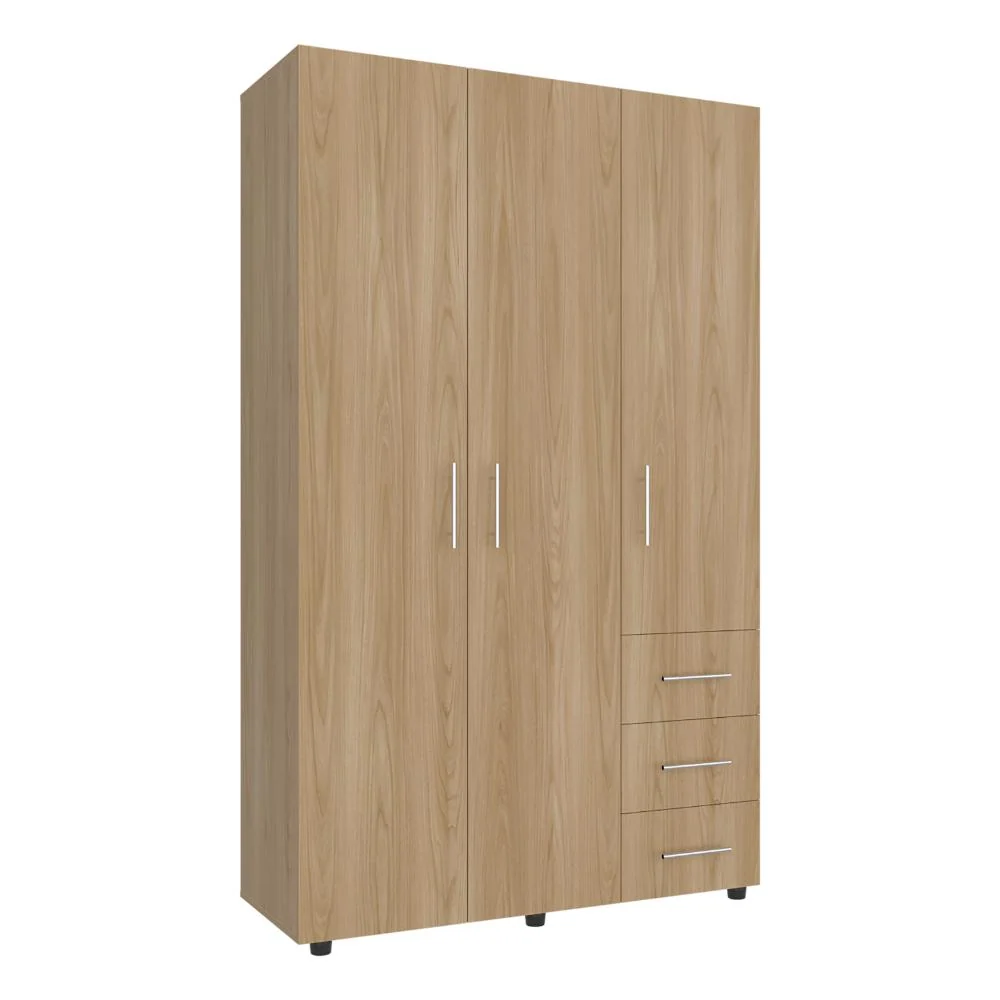 Closet Alen, Fresno Europeo Y Blanco Duqueza, Con tres puertas abatibles, tres cajones y dos tubos cromados RTA Design