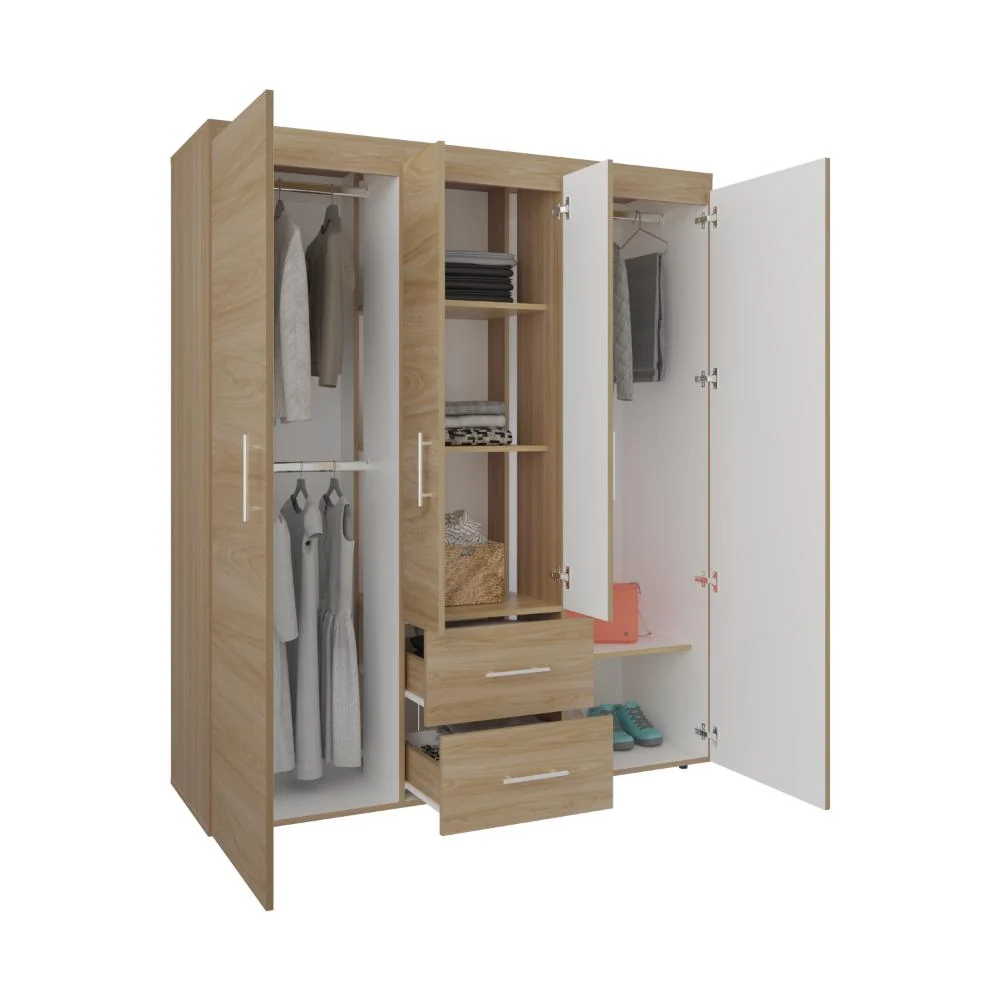 Closet Bariloche Bombay Eco, Fresno Europeo y Blanco Duqueza, con Variedad de Entrepaños y Cuatro Puertas Abatibles RTA De...