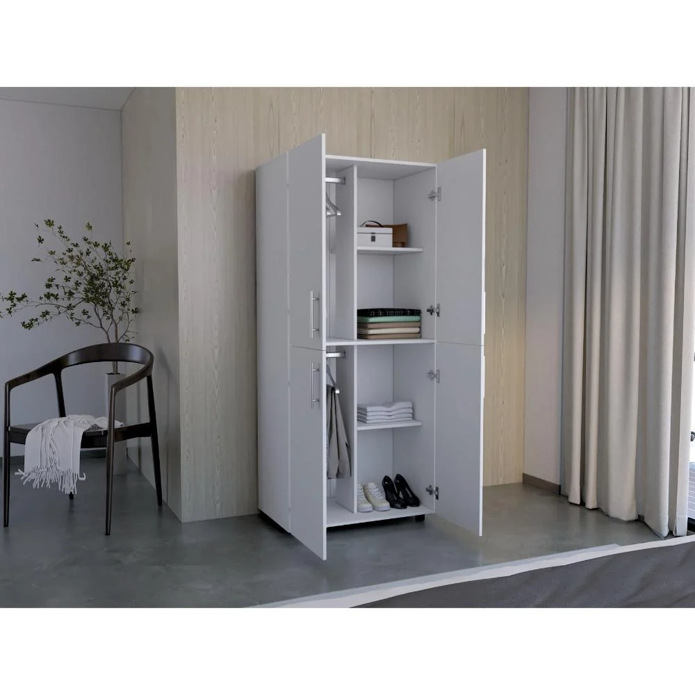 Closet Hancel, Blanco Duqueza, Cuatro Puertas Abatibles y Dos Tubos Cromados ZF RTA Design