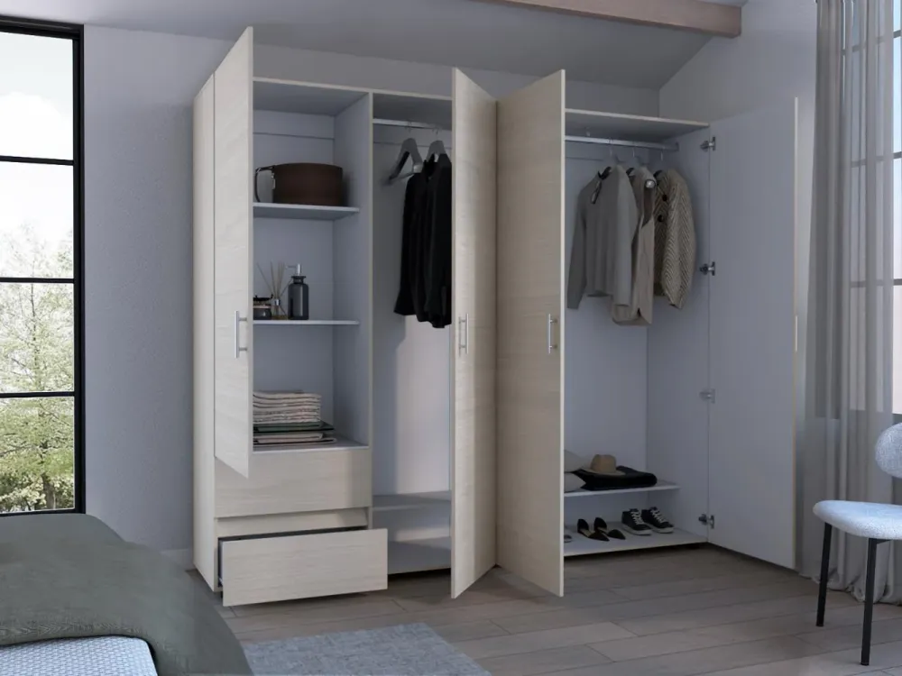 Closet Light 230, Niebla y Blanco Duqueza, con dos cajones y cuatro puertas RTA Design