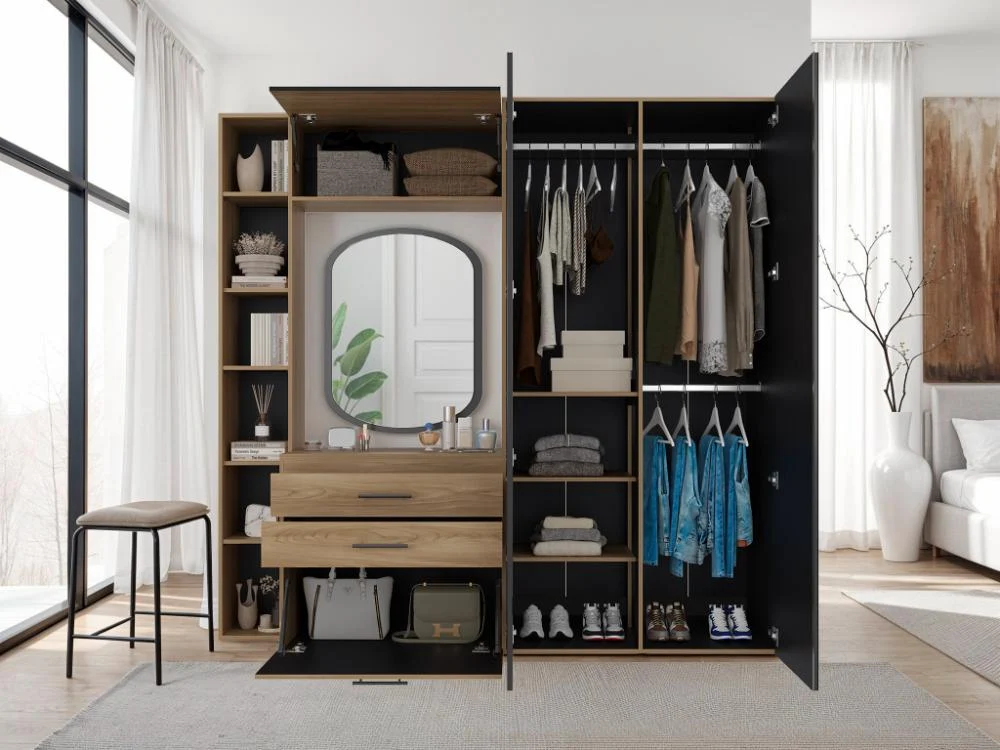 Closet Multifuncional Bruson, Fresno Europeo y Wengue, con cajones para guardar ropa y objetos de oficina RTA Design