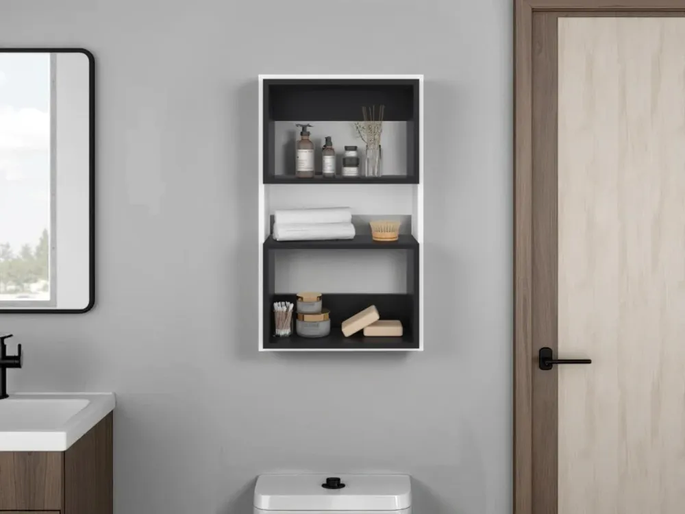 Gabinete de Baño Sensei Eco, Blanco Duqueza y Wengue, con superficies para ubicar objetos RTA Design