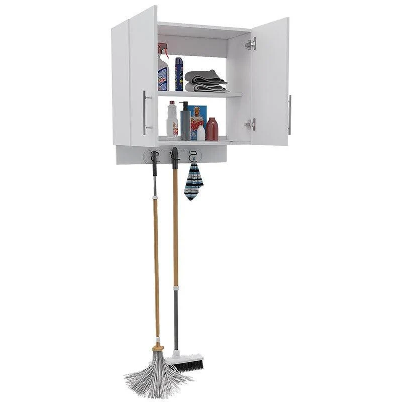 Mueble Auxiliar de Aseo Sotavento, Blanco, Colgador de Escobas y Dos Entrepaños RTA Design