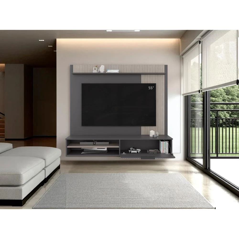 Panel de Tv Dover, Plata Oscuro y Bardolino, con espacio para tv desde 55 70" RTA Design