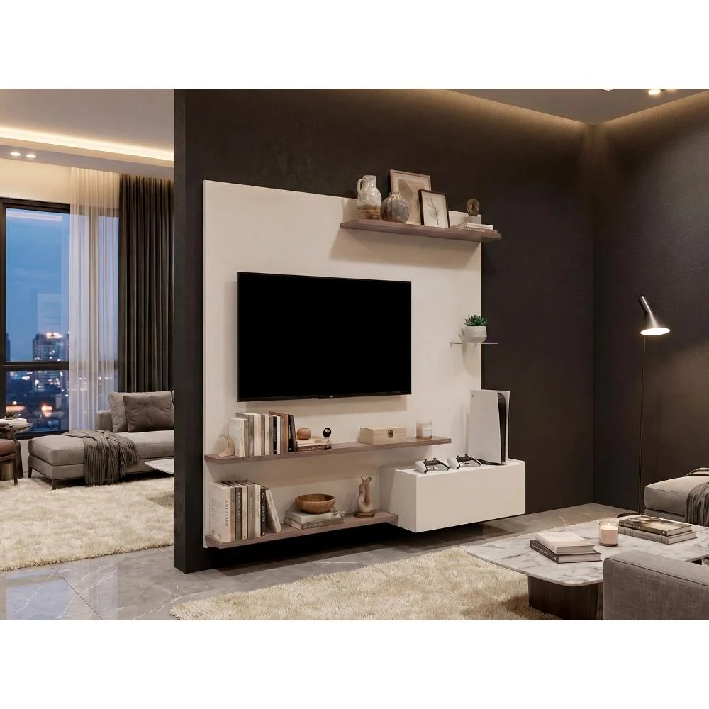 Panel de Tv Henry, Blanco Duqueza y Avellana, con Espacio Para Televisor de Hasta 65" RTA Design