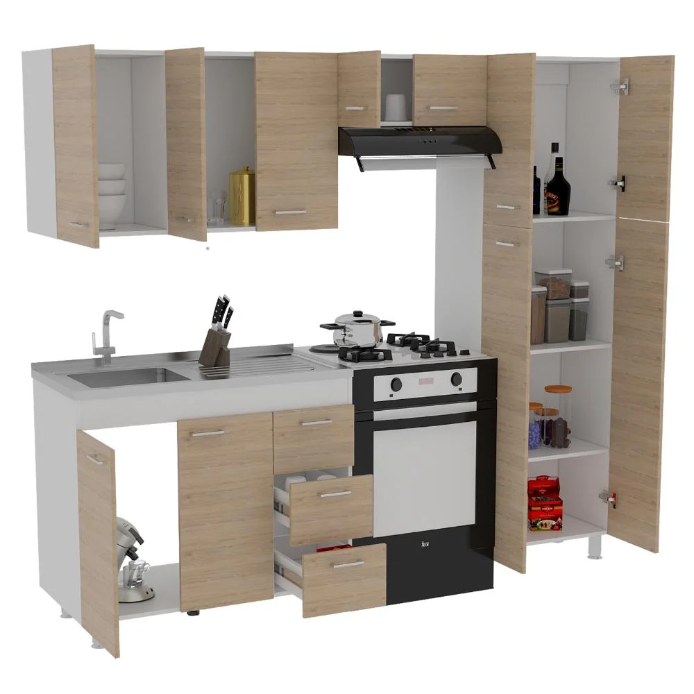 Cocina Completa Ferretti, Beige y Blanco, Incluye Mesón en Acero Inoxidable Izquiero Virtual Muebles