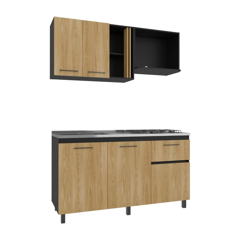 Cocina Integral Preston 150, Wengue y Fresno Europeo, Incluye Mesón Derecho Virtual Muebles