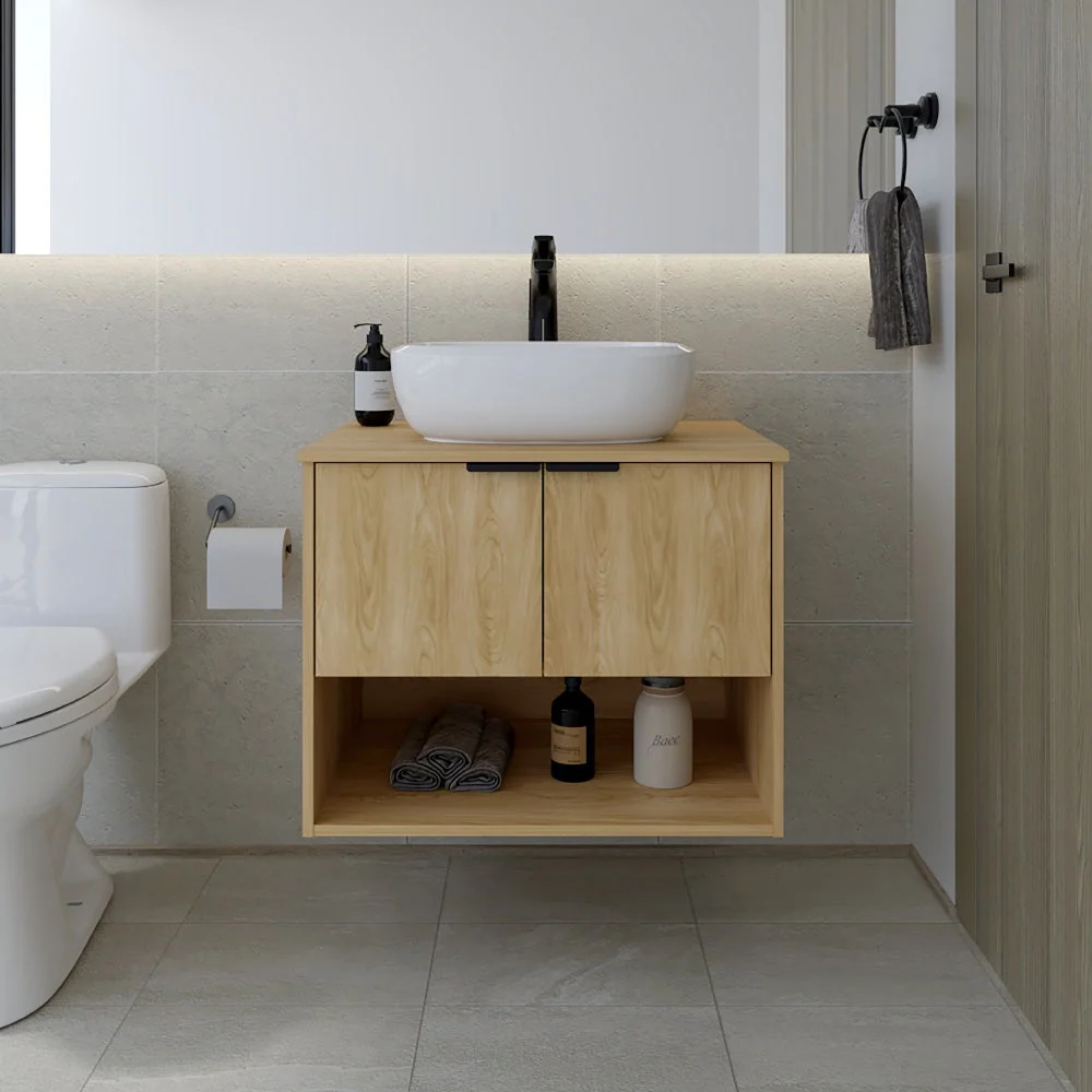 Combo Lavamanos Castel, Fresno Europeo, Incluye Lavamanos en porcelana Sanitaria y Griferí Alta Negro Virtual Muebles Combo