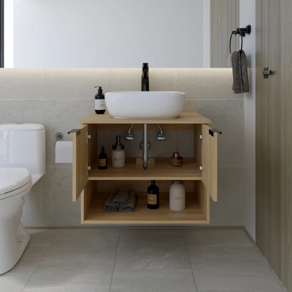 Combo Lavamanos Castel, Fresno Europeo, Incluye Lavamanos en porcelana Sanitaria y Griferí Alta Negro Virtual Muebles Combo