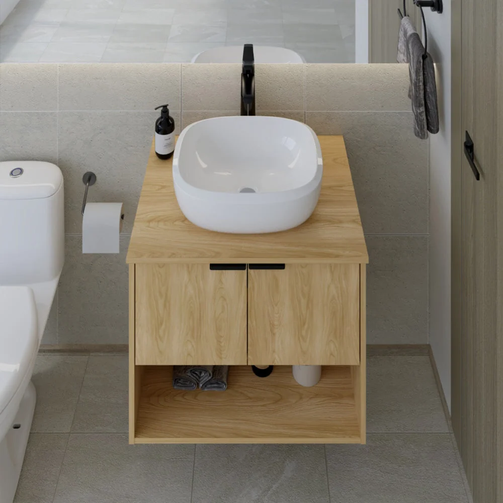 Combo Lavamanos Castel, Fresno Europeo, Incluye Lavamanos en porcelana Sanitaria y Griferí Alta Negro Virtual Muebles Combo
