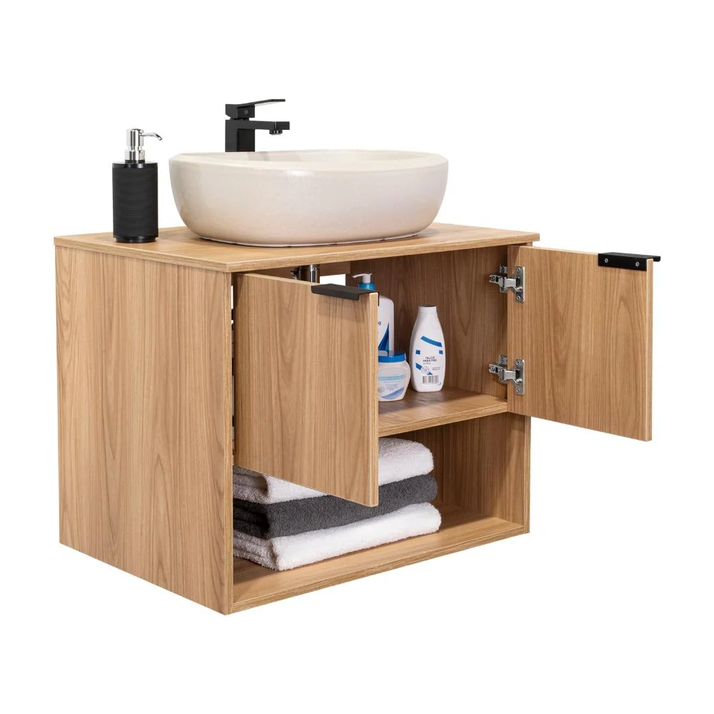 Combo Lavamanos Castel, Fresno Europeo, Incluye Lavamanos en porcelana Sanitaria y Griferí Alta Negro Virtual Muebles Combo