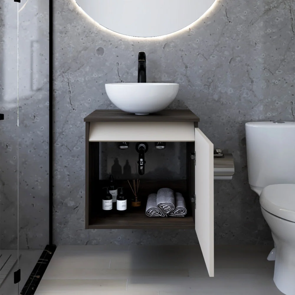 Combo Lavamanos Ganet II, Nogal Europeo y Capri, Incluye Lavamanos en Porcelana Sanitaria y Griferí Virtual Muebles Combo