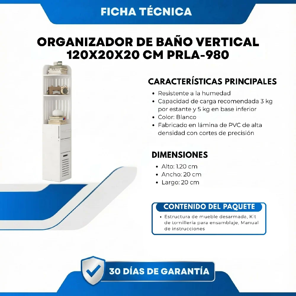 Organizador De Baño Vertical 120 Cm Con Estantes Y Cajón Mueble Slim Multifuncional Para Espacios Pequeños Color Blanco VI...