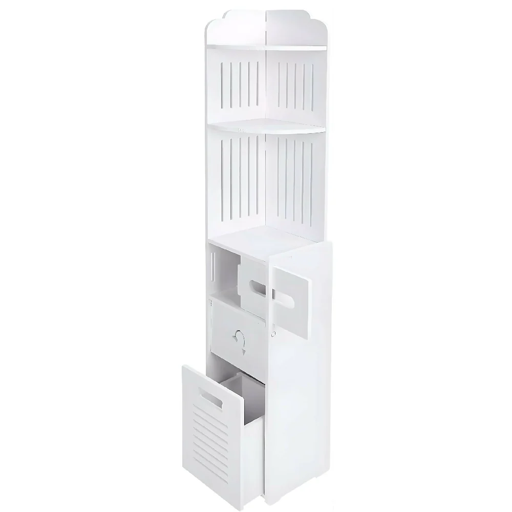 Organizador De Baño Vertical 120 Cm Con Estantes Y Cajón Mueble Slim Multifuncional Para Espacios Pequeños Color Blanco VI...