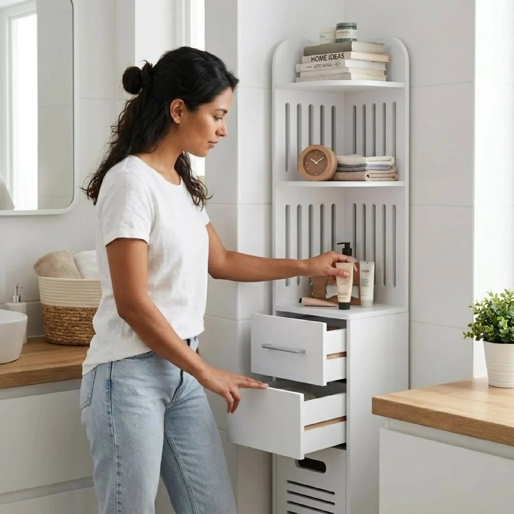 Organizador De Baño Vertical 120 Cm Con Estantes Y Cajón Mueble Slim Multifuncional Para Espacios Pequeños Color Blanco VI...