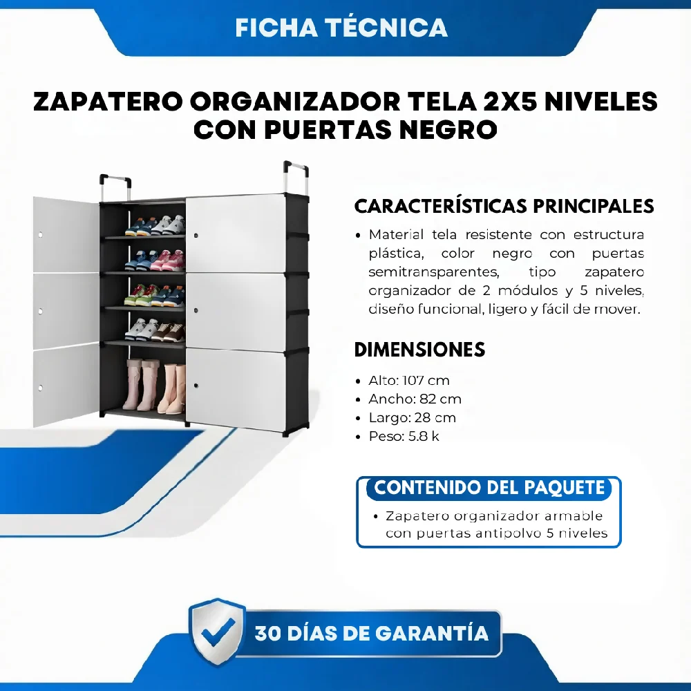 Zapatero Organizador De Tela 2x5 Niveles Con Puertas Negro VIRTUAL MUEBLES