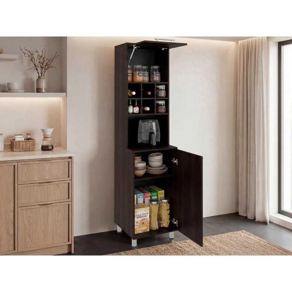Alacena Atica, Kronos Nogal, con espacio para guardar botellas de vino ZF Virtual Muebles ZF