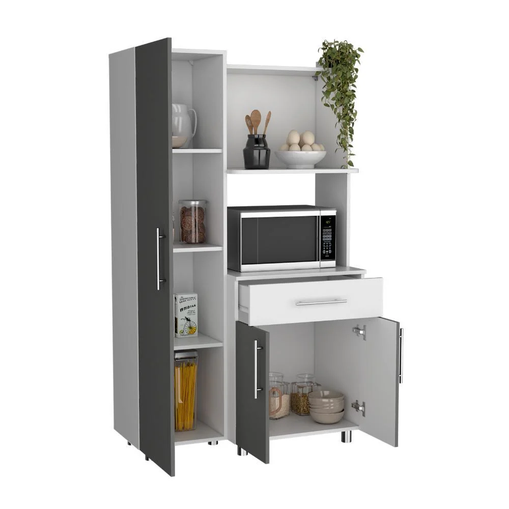 Alacena Panter, Blanco Duqueza y Plata Oscuro, con espacio para microondas puertas abatibles y un cajon Virtual Muebles ZF